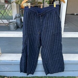 Athleta Bali Stripe Linen Crop Pants Wide Leg Navy Blue Casual 291717 Womens 8